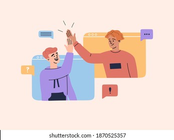 Two happy young guys have online video conference at computer screen, chatting with friends or colleagues, smiling man giving high five and have conversation, vector illustration in flat cartoon style