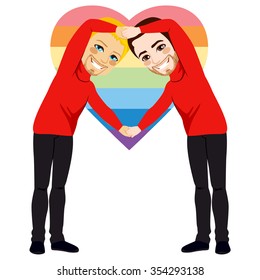 Two happy young men making heart symbol with arms together with red shirt uniform and dark jeans on valentine day and heart symbol on background with rainbow heart flag shape