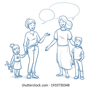 Two happy young mothers single parent mohers are talking (with two children approx  3   7 years old)  Hand drawn line art cartoon vector illustration 