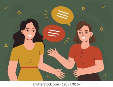 Two happy young women talking to each other, having a chat. Flat style vector colorful cartoon illustration of conversation between friends.