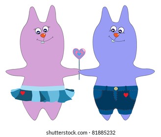 Two hares in jeans clothes with red hearts