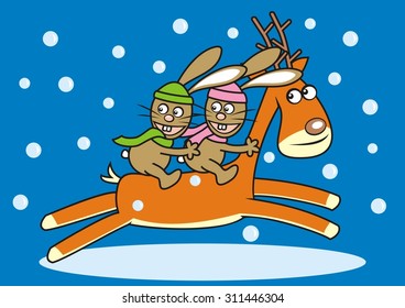 two hares and reindeer, vector icon, funny illustration on blue background