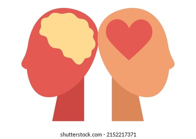 Two head with brain and heart icon. Love and mind concept. Vector flat illustration