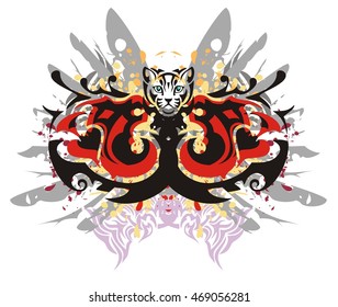Two head of a dragon in grunge style. Tribal twirled dragon heads against gray wings with blood drops