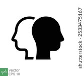 Two head icon. Simple flat style. Human profile, opposite, psychology, duality, double, paradox, diversity, tolerance and opposites concept. Vector illustration isolated on white background. EPS 10.