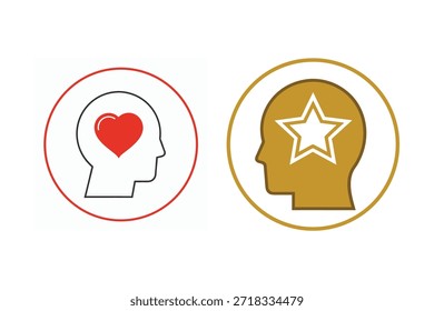 Dos iconos de cabeza con símbolos de corazón y estrella dentro de círculos para el amor y conceptos de excelencia