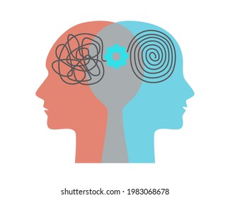 Two head silhouette with gear, tangle, spiral. Bipolar disorder mind mental concept. Mental health, psychology, balance in vector flat illustration. Icon for web design, card, banner, flyer