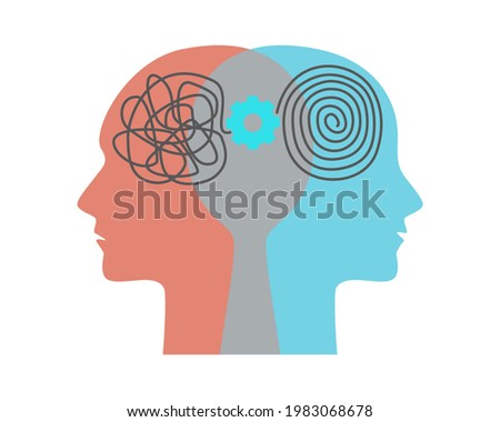Two head silhouette with gear, tangle, spiral. Bipolar disorder mind mental concept. Mental health, psychology, balance in vector flat illustration. Icon for web design, card, banner, flyer