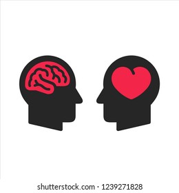 Two head silhouette with heart and brain symbols inside, logic and feel choice concept, flat style icons vector illustration isolated on white background