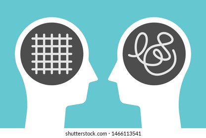 Two Head Silhouettes With Grid And Free Complicated Curve On Turquoise Blue. Order, Rational, Creativity, Chaos, Freedom Concept. Flat Design. Eps 8 Vector Illustration, No Transparency, No Gradients