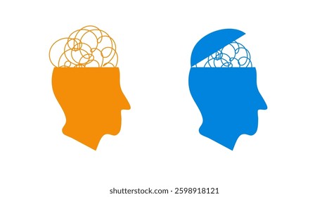 Two head silhouettes showing the contrast between mental chaos and clarity through abstract lines.