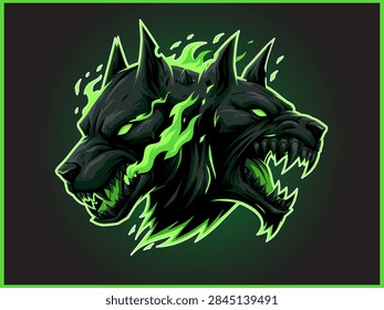 Two headed Cerberus hellhound vector mascot logo with green flames illustration