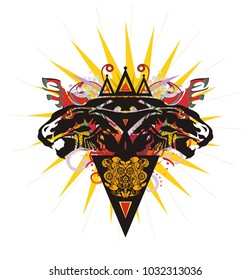 Two headed lion symbol with a crown. Grunge growling lion heads topped with a crown against the background of an orange star, like the sun, with elements of red wings, linear patterns and the triangle