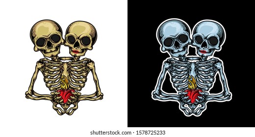 Two headed skeleton mascot with sacred heart in his hands. Colorful handcrafted vector illustration in engraving technique. Good for greeting cards, banners, stickers, t-shirts and posters.  