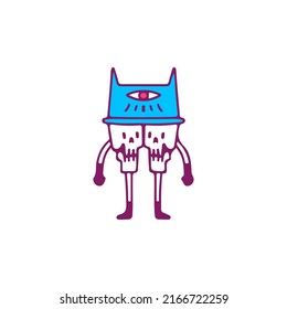 Two headed skull wearing cat hat with one eye, illustration for t-shirt, sticker, or apparel merchandise. With doodle, retro, and cartoon style.