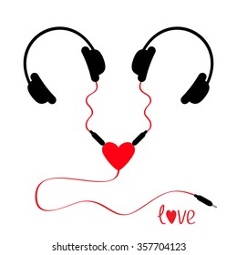 Two headphones. Earphones couple Audio splitter adapter heart. Red cord. Love greeting card. White background. Isolated. Flat design. Vector illustration