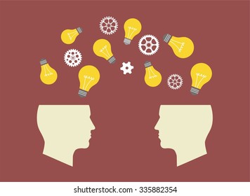 Two Heads Better. Illustration of two different thought processes combining as one. Start up concept. mechanisms, communication, gear, lamp like inspire