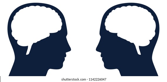 Two heads with brain silhouette facing each other. Symbol for same or different kind of thoughts, intelligence or communication, for thought-reading, telepathy, adverse opinions, contrary ideas.