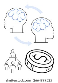 Duas cabeças com cérebros trocando ideias através de setas acima de uma moeda e uma estrutura hierárquica de equipe. Ideal para educação, finanças, colaboração, trabalho em equipe, compartilhamento de ideias, comunicação e liderança