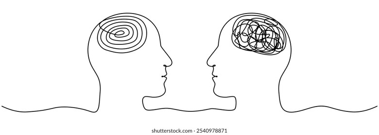 Two heads with chaos and order thoughts continuous line drawing. Mental health therapy concept. Vector illustration isolated on white background.