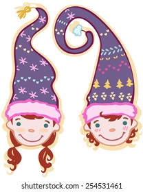 two heads of children gnomes  in caps