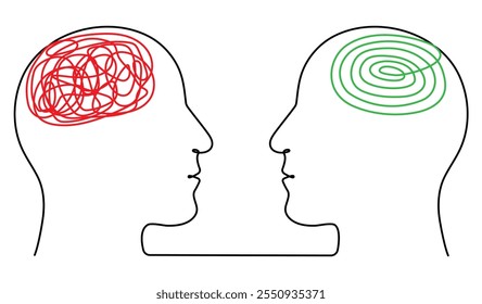 Two heads with colour chaos and order thoughts continuous line drawing. Mental health therapy concept. Vector illustration isolated on white.