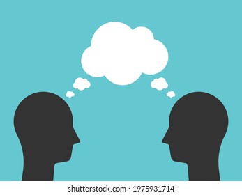 Two heads with common speech bubble thinking together. Teamwork, synergy, creativity, idea, brainstorming and communication concept. Flat design. EPS 8 vector illustration, no transparency, no gradien