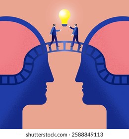 Two heads connected by a bridge. The birth of an idea. Infographics. Vector.