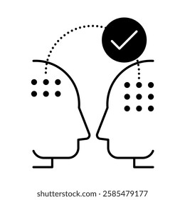 Two heads with connecting lines icon. Comprehension, knowledge sharing, collaboration, teamwork, perspective taking. Vector illustration.