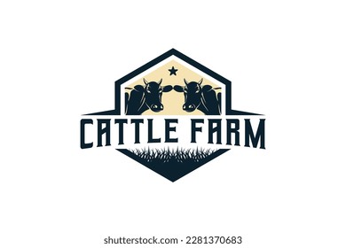 Two heads of cows vector silhouette for cattle farm logo design, vintage animal farm logo