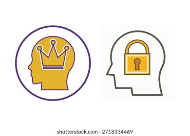 Dos cabezas con iconos de corona y candado que representan pensamientos y conceptos de seguridad