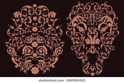 Two heads. Decorative patterned masks. Hand drawn engraving. Editable vector vintage illustration. Isolated on black background. 8 EPS