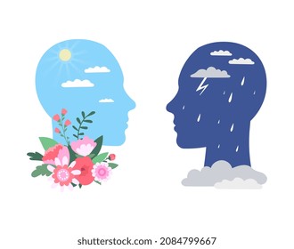 Two heads with different weather. Silhouettes of heads, metaphor for different seasons, rain on one side, sun on other. Abstract images of meteorology, synoptic. Cartoon flat vector illustration