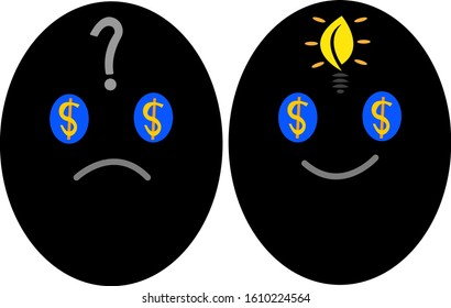 two heads in the eyes of which dollar icons a light bulb an idea symbol and a question mark symbol reflections objects on a white background business and finance concept