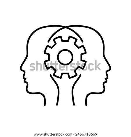 Two heads and gear outline icon. Teamwork, partnership, brainstorming concept. Editable stroke. Isolated vector illustration
