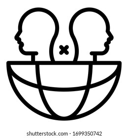 Two heads and a globe icon. Outline two heads and a globe vector icon for web design isolated on white background