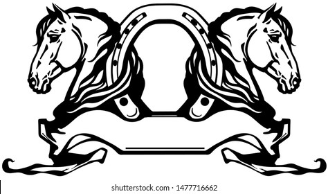 two heads of horses in profile. Logo, banner, emblem with horseshoe and ribbon scroll. Black and white side view vector