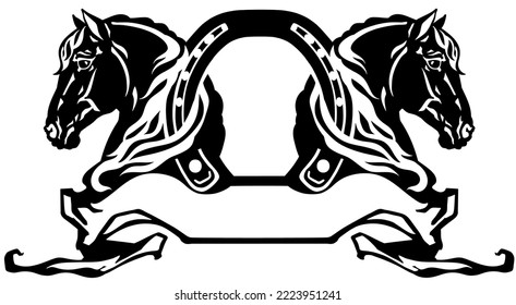 two heads of horses in profile. Silhouette. Logo, banner, emblem with horseshoe and ribbon scroll. Black and white side view vector