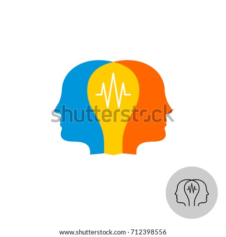 Two heads with lamp bulb overlay colorful logo. Teamwork synergy symbol.