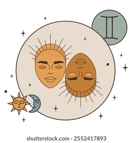 Two heads of a man with a jack in the form of a circle with stars, moon and sun. Gemini is a zodiac sign. Postcard vintage flat vector illustration. Eps10