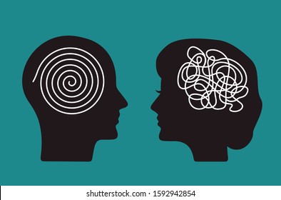 Two heads of a man and a woman with opposite thinking. Family relationships. The concept of chaos and order in thoughts. flat vector illustration on blue background