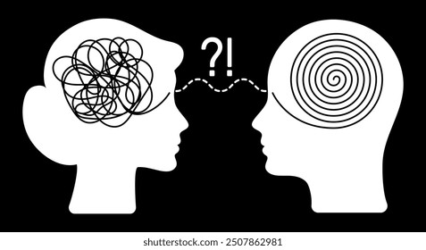 Two heads of man and woman with opposite thinking. Positive and negative thinking. Medical and psychological counselling. The concept of chaos and order in thinking. Relationship between two people