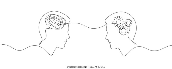 Two heads one with a confused mind the other with gears , drawn in one continuous line.  Concept of brain process, intelligence and progress of technology.  Vector editable line illustration.