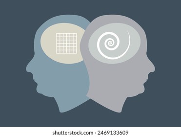 Dos cabezas, una con pensamiento organizado y la otra con pensamiento distorsionado y confuso.