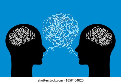 two heads of people with confused thoughts in their heads are talking and talking nonsense. misunderstanding and gossip concept. psychology of communication. vector illustration isolated