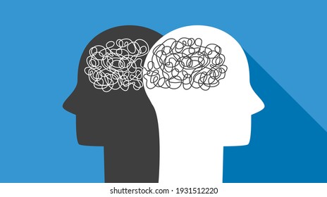 two heads of people with confused thoughts in their heads mentally carry nonsense. misunderstanding, chaos and confusion in thoughts. psychology of communication. vector illustration isolated