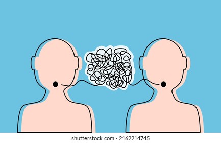 two heads of people with confused thoughts in their heads are talking and talking nonsense. misunderstanding and gossip concept. psychology of communication. vector illustration isolated