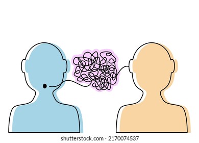 two heads of people with confused thoughts in their heads are talking and talking nonsense. misunderstanding and gossip concept. psychology of communication. vector illustration isolated