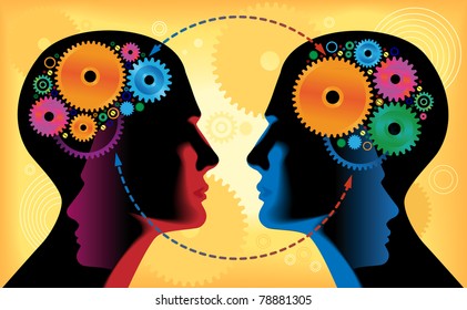 Two heads of people with mechanisms, communication, gear