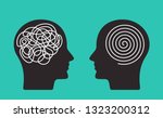 Two heads of a person with the opposite mindset. concept of chaos and order in thoughts. flat vector illustration isolated on blue background